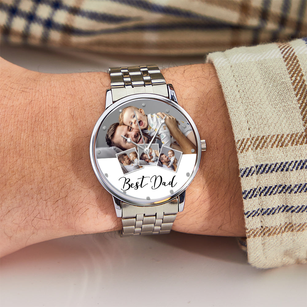 Personalized Engraved Photo Watch Men's Black Alloy Bracelet Photo Watch Father's Day Gifts For Dad