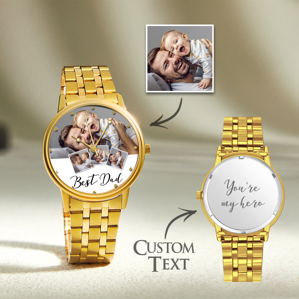 Personalized Engraved Photo Watch Men's Black Alloy Bracelet Photo Watch Father's Day Gifts For Dad