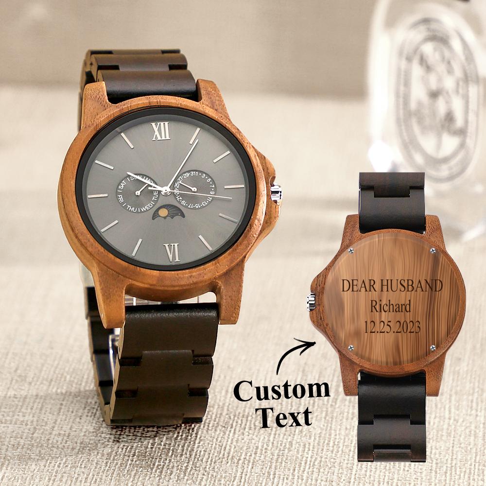 Custom Mens Engraved Wood Watch Personalized Watch for Husband Anniversary Gift