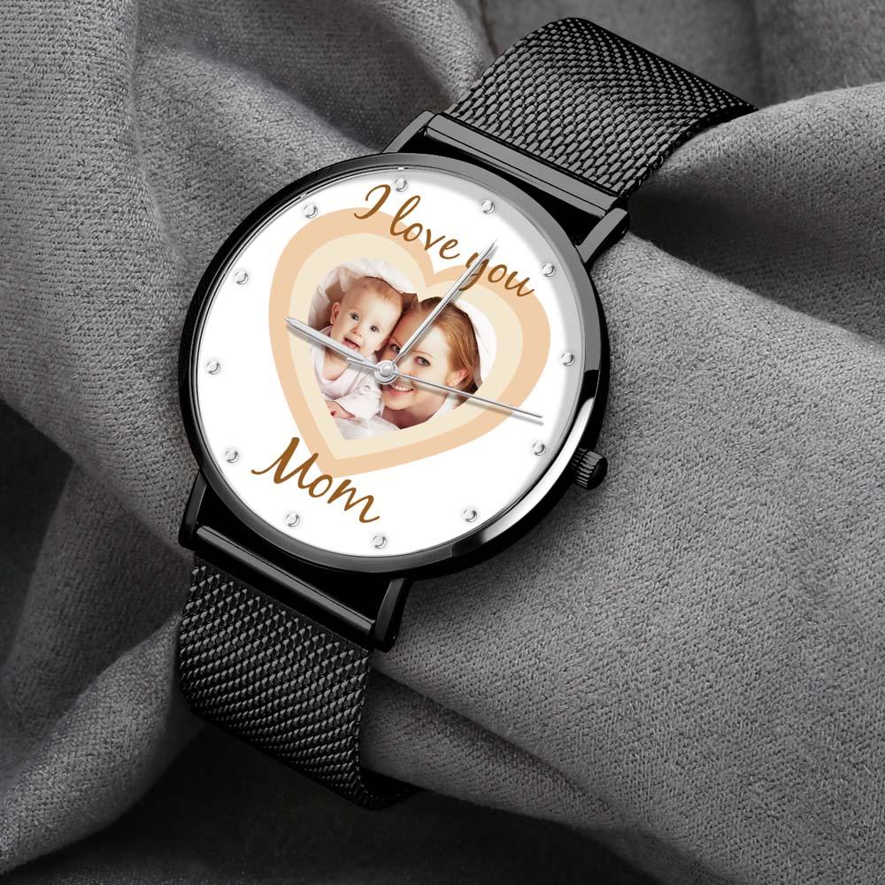 Personalized Heart Engraved Photo Watches With Alloy Strap Mother's Day Gift For Mom