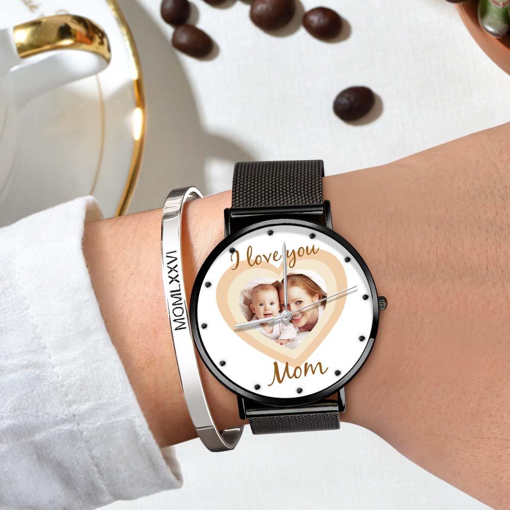 Personalized Heart Engraved Photo Watches With Alloy Strap Mother's Day Gift For Mom