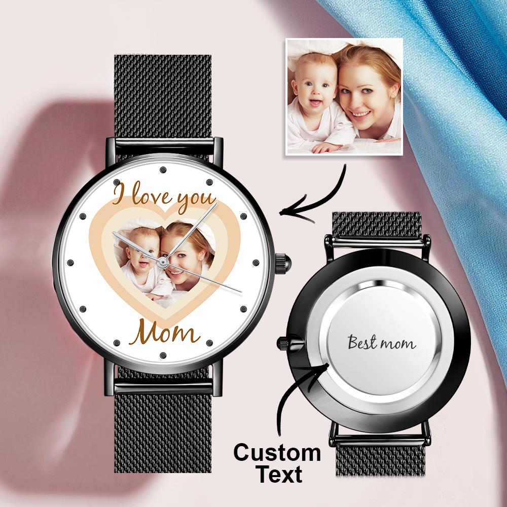 Personalized Heart Engraved Photo Watches With Alloy Strap Mother's Day Gift For Mom