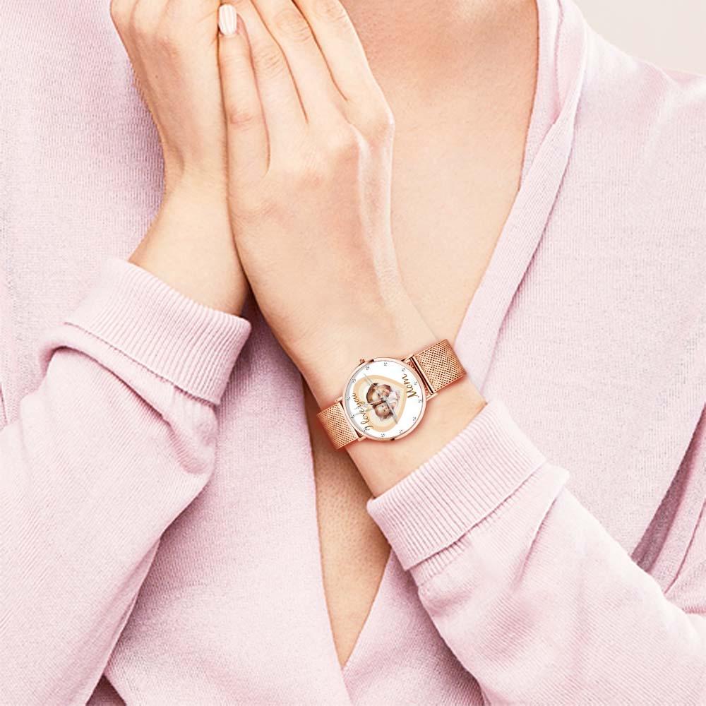 Personalized Heart Engraved Photo Watches With Alloy Strap Mother's Day Gift For Mom