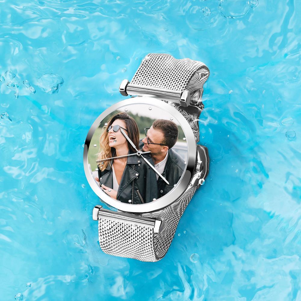 Engraved Photo Watch Alloy Bracelet Strap Silver 41mm Men's