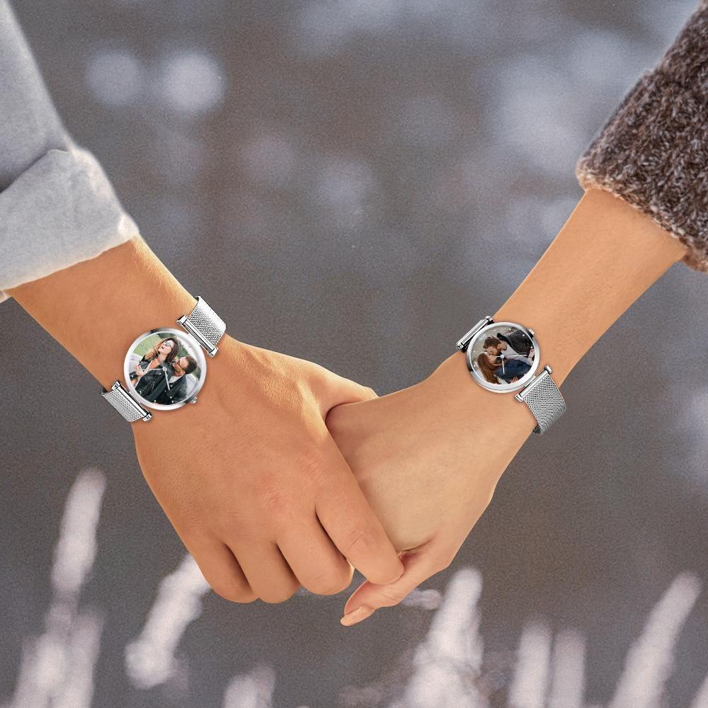 Engraved Photo Watch Alloy Bracelet Strap Silver 41mm Men's