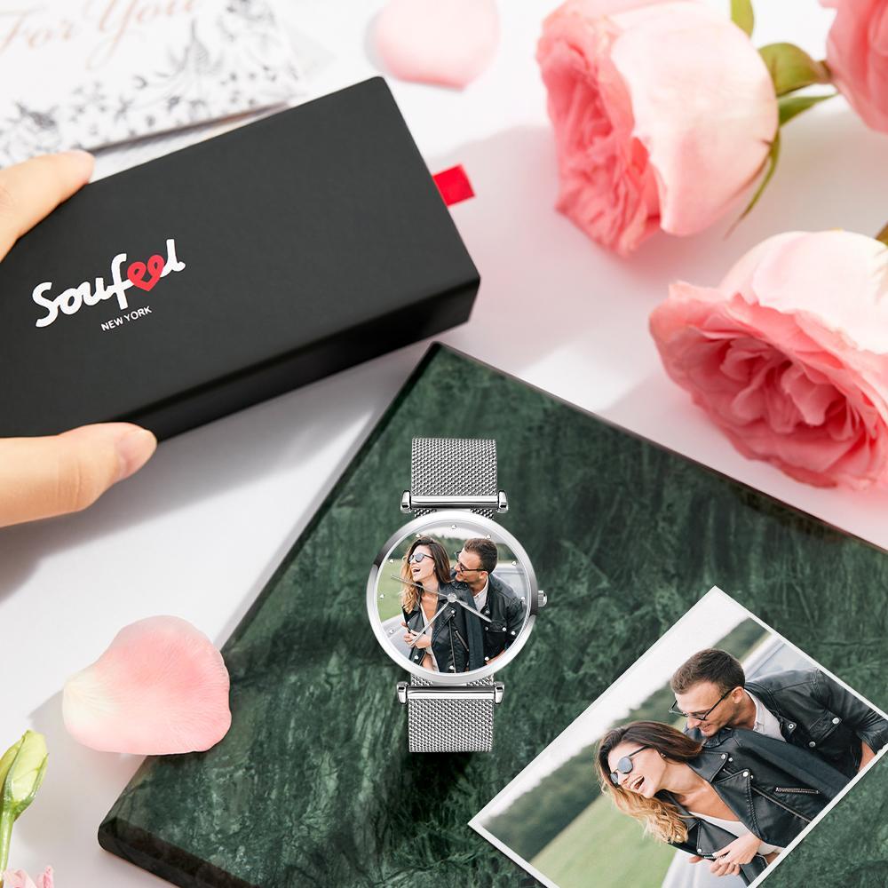 Engraved Photo Watch Alloy Bracelet Strap Silver 41mm Men's