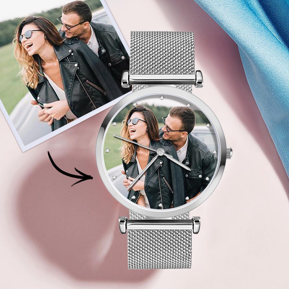 Engraved Photo Watch Alloy Bracelet Strap Silver 41mm Men's