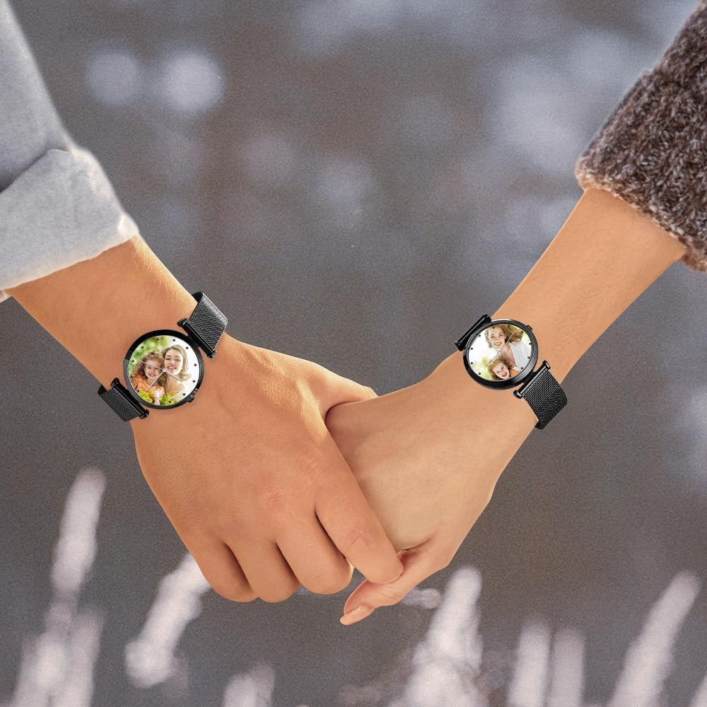 Engraved Photo Watch Alloy Bracelet Strap Black 41mm Men's