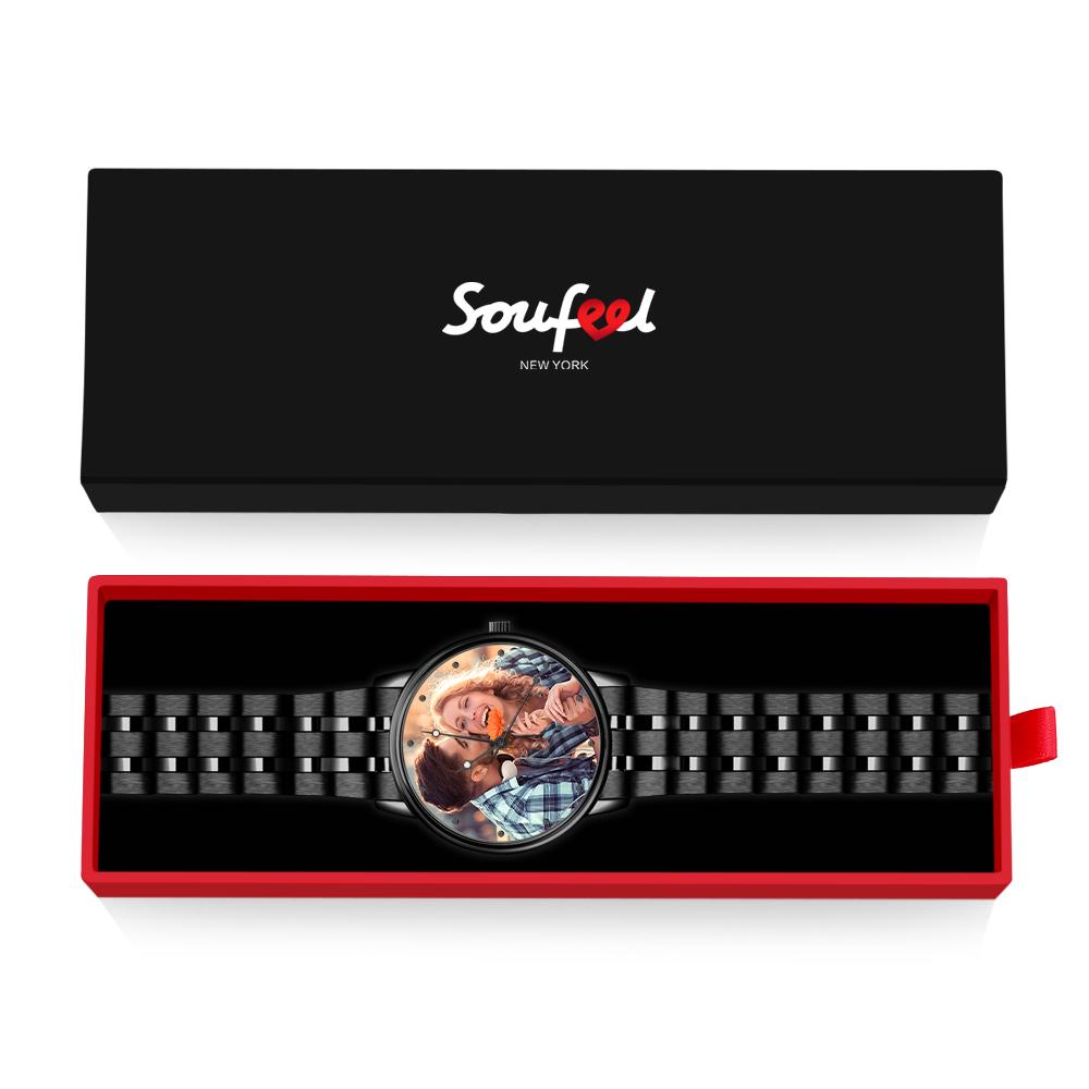 Men's Engraved Photo Watch Calendar Black Alloy Bracelet