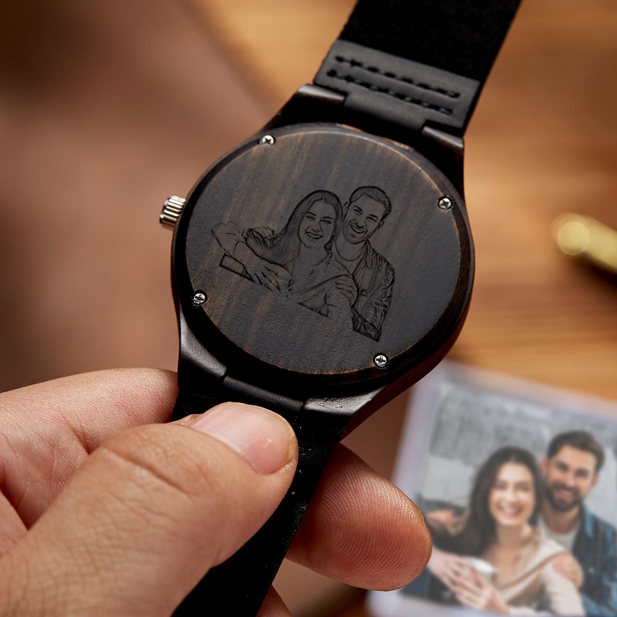 Custom Photo Watch Wooden Watch Leather Strap for Him