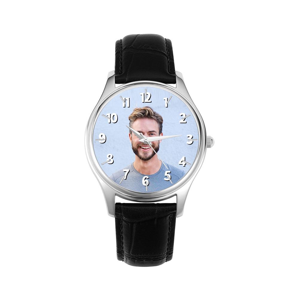 Custom Name Photo Watch 40mm Black Leather Strap Personalized Gift for Him