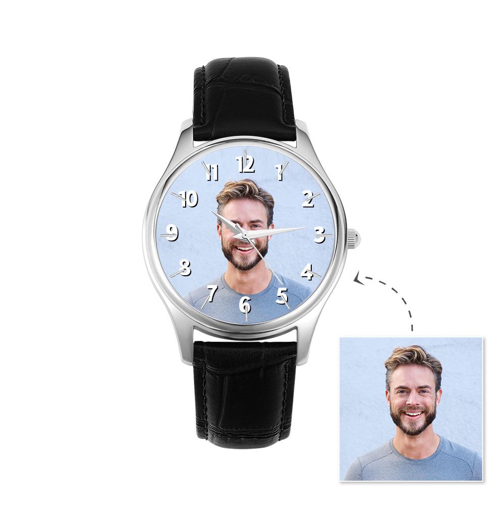 Custom Name Photo Watch 40mm Black Leather Strap Personalized Gift for Him
