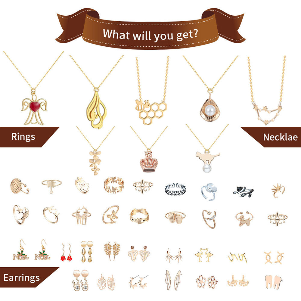 Christmas Box Advent Calendar Jewelry Set Box Ring Necklace Earrings Christmas 24-Piece Set (Random Style)