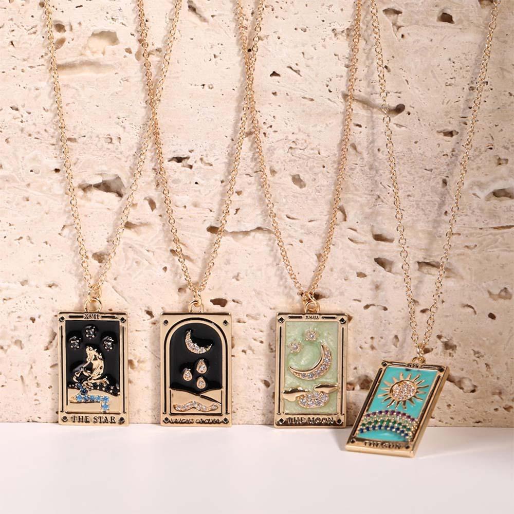 Colorful Tarot Cards Symbolic Necklace Dripping Oil Pendant Enamel Necklace With Rhinestones Gift
