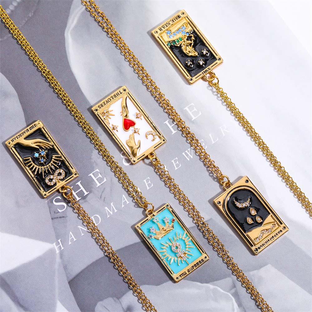 Colorful Tarot Cards Symbolic Necklace Dripping Oil Pendant Enamel Necklace With Rhinestones Gift