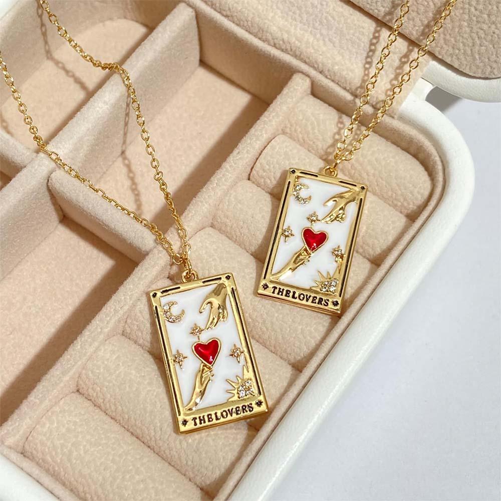 Colorful Tarot Cards Symbolic Necklace Dripping Oil Pendant Enamel Necklace With Rhinestones Gift