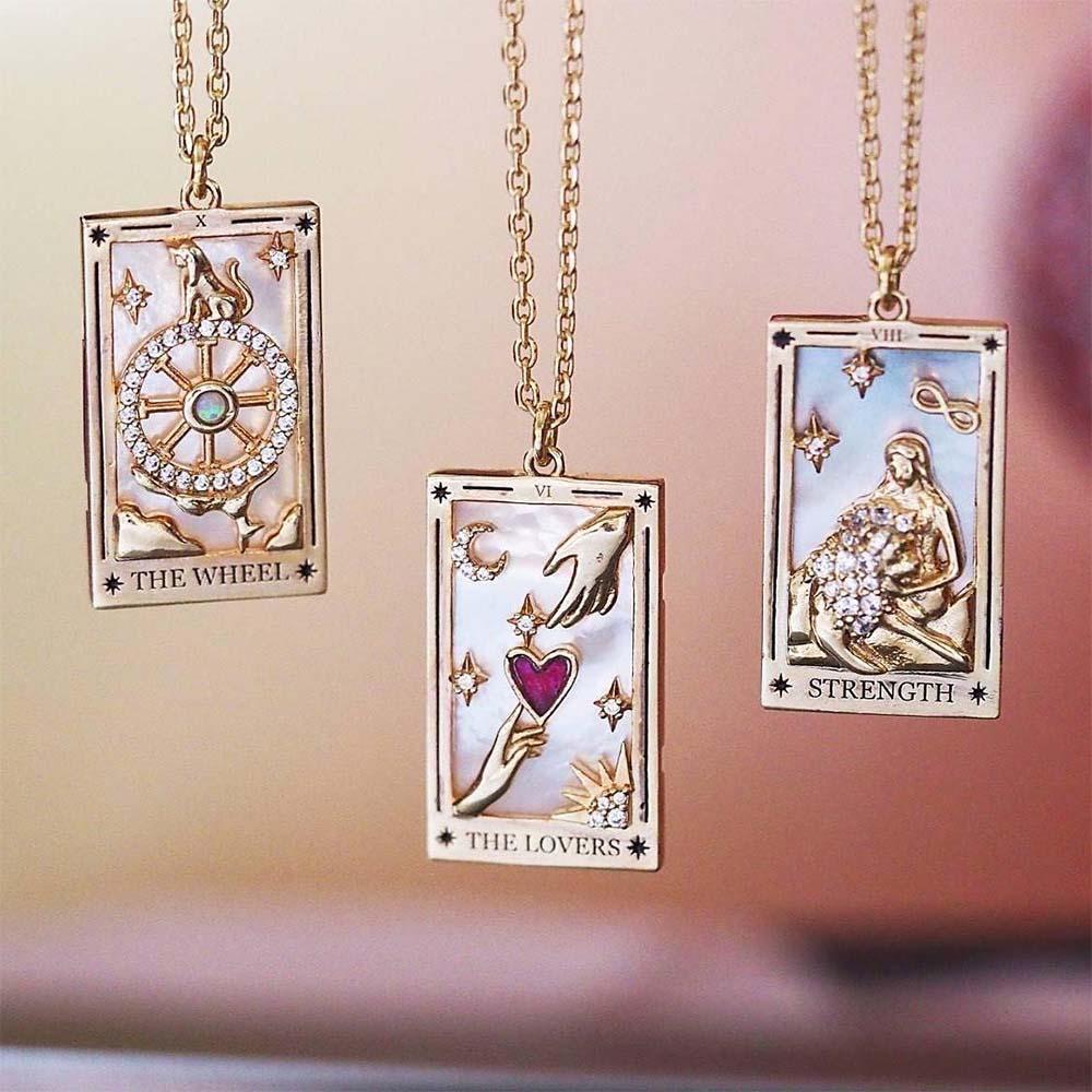 Colorful Tarot Cards Symbolic Necklace Dripping Oil Pendant Enamel Necklace With Rhinestones Gift