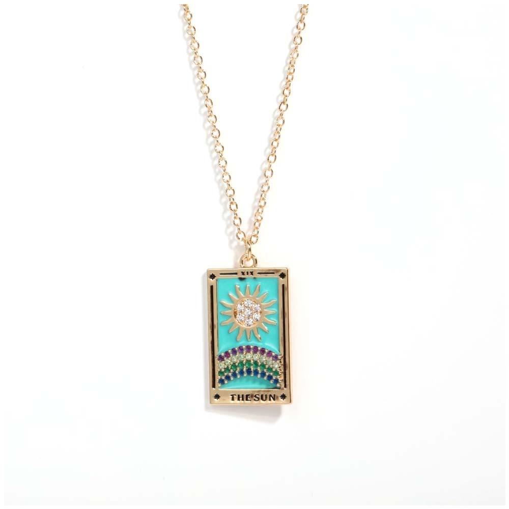 Colorful Tarot Cards Symbolic Necklace Dripping Oil Pendant Enamel Necklace With Rhinestones Gift