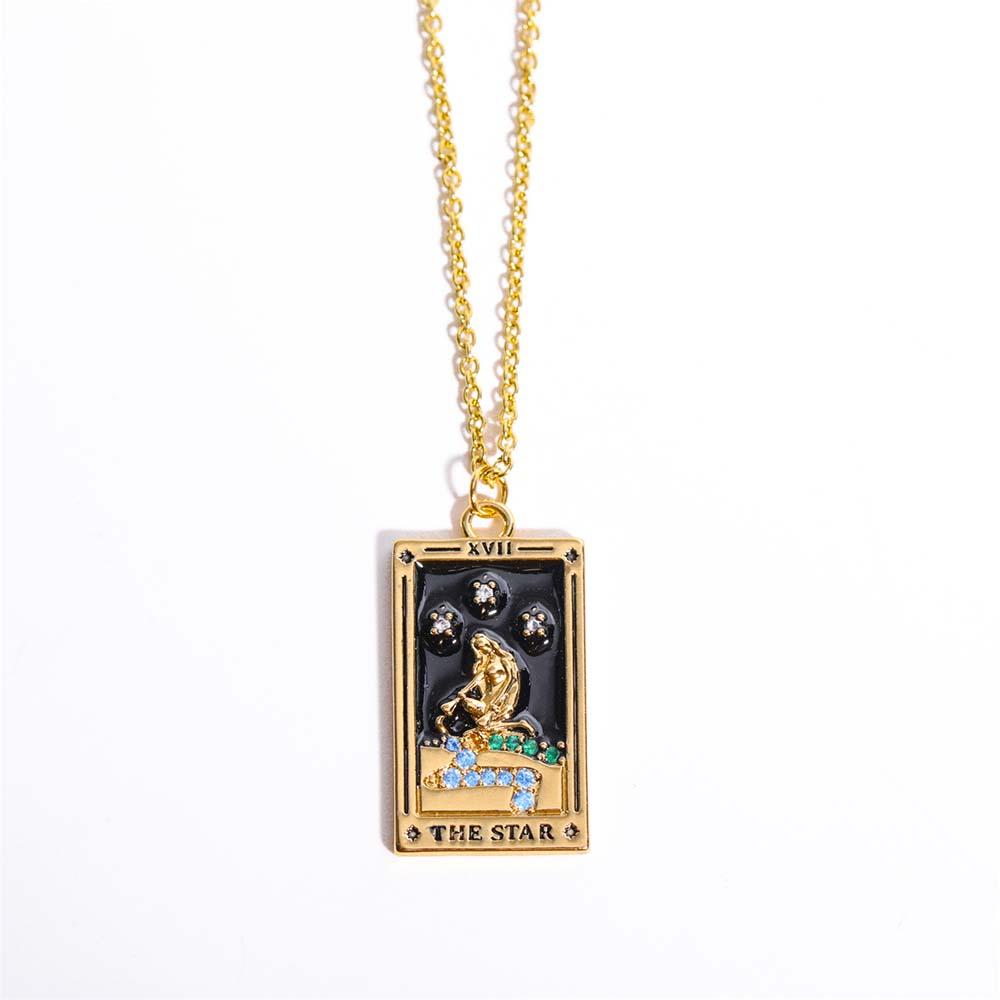 Colorful Tarot Cards Symbolic Necklace Dripping Oil Pendant Enamel Necklace With Rhinestones Gift