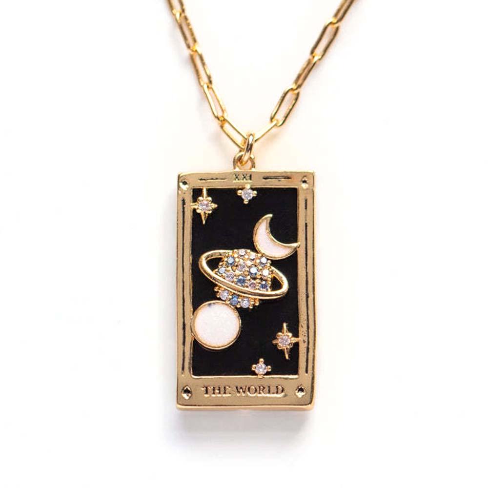 Colorful Tarot Cards Symbolic Necklace Dripping Oil Pendant Enamel Necklace With Rhinestones Gift
