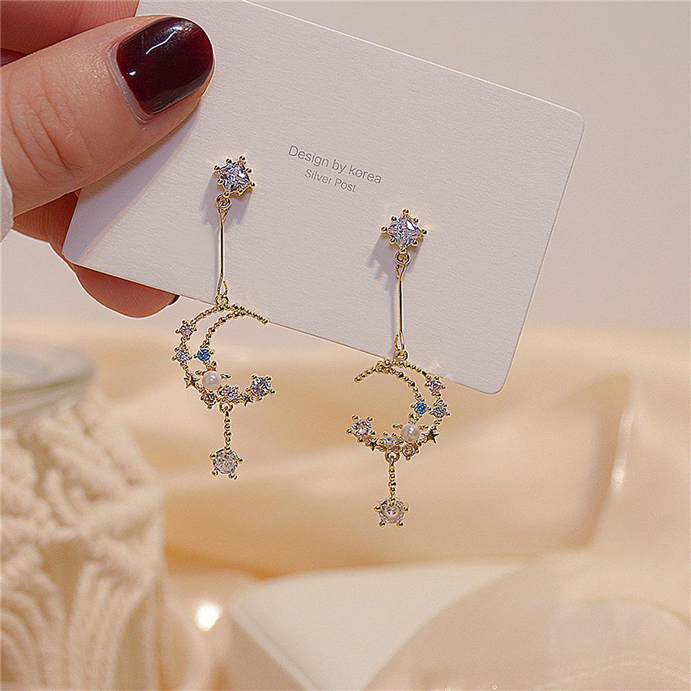 Moon and Star Celestial Pearl Night Sky Drop Earrings