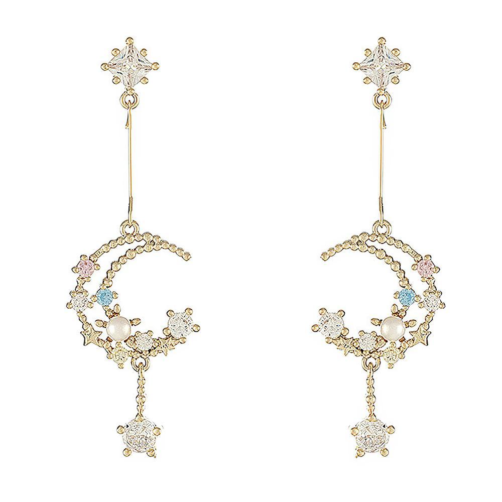 Moon and Star Celestial Pearl Night Sky Drop Earrings