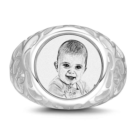 Photo Ring with Engraving Oval-shaped Platinum Plated Silver, Always Love You