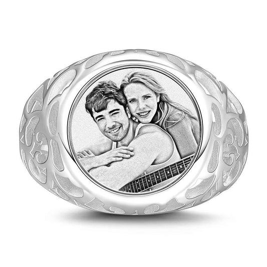 Photo Ring with Engraving Platinum Plated Silver Oval-shaped, Always Love You