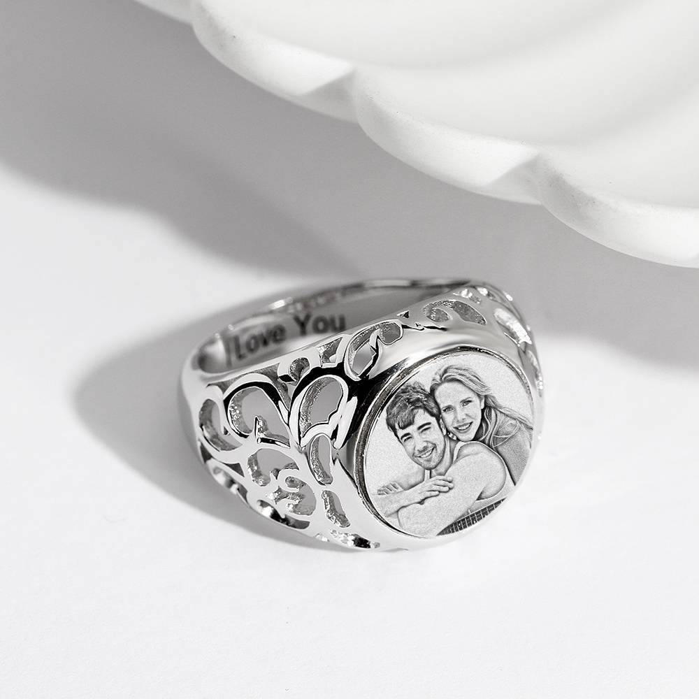 Photo Ring with Engraving Platinum Plated Silver Oval-shaped, Always Love You