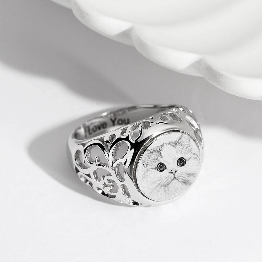 Photo Engraved Ring Oval-shaped, Keepsake Gift Platinum Plated Silver