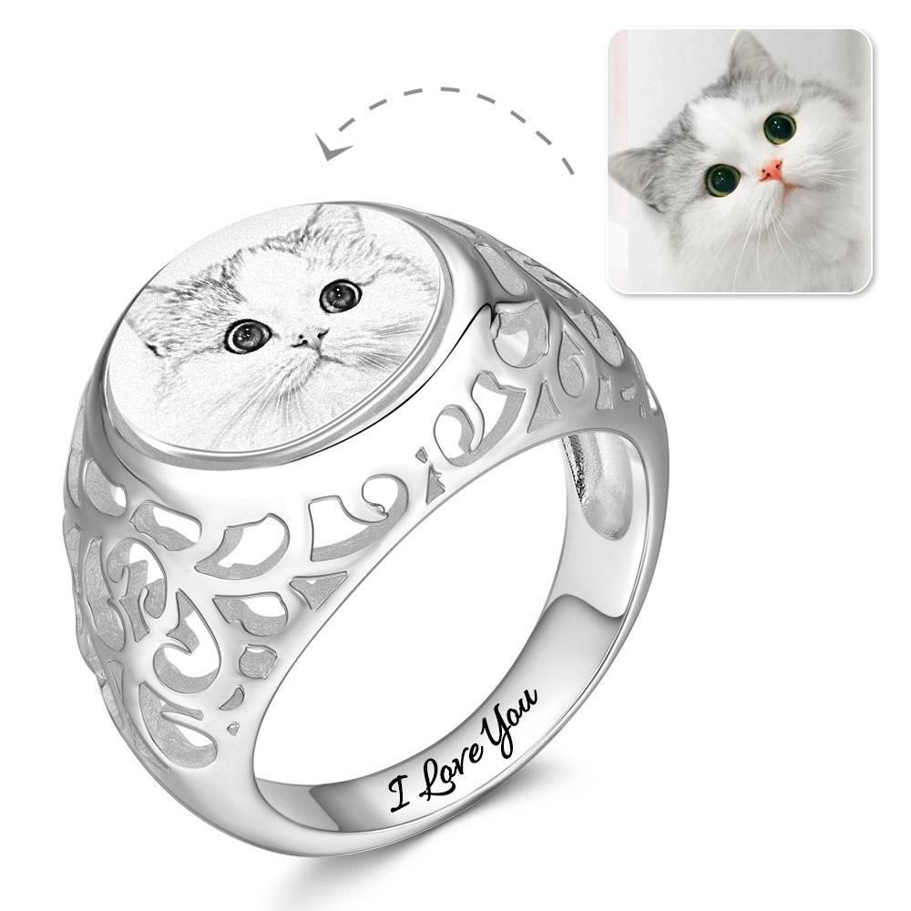 Photo Engraved Ring Oval-shaped, Keepsake Gift Platinum Plated Silver