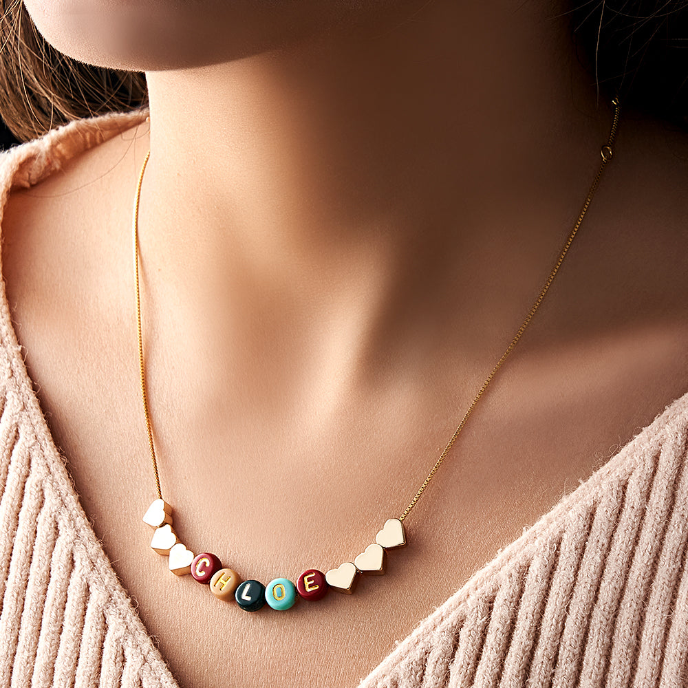 Custom Letter Necklace Color Beads Heart Name Gift for Her