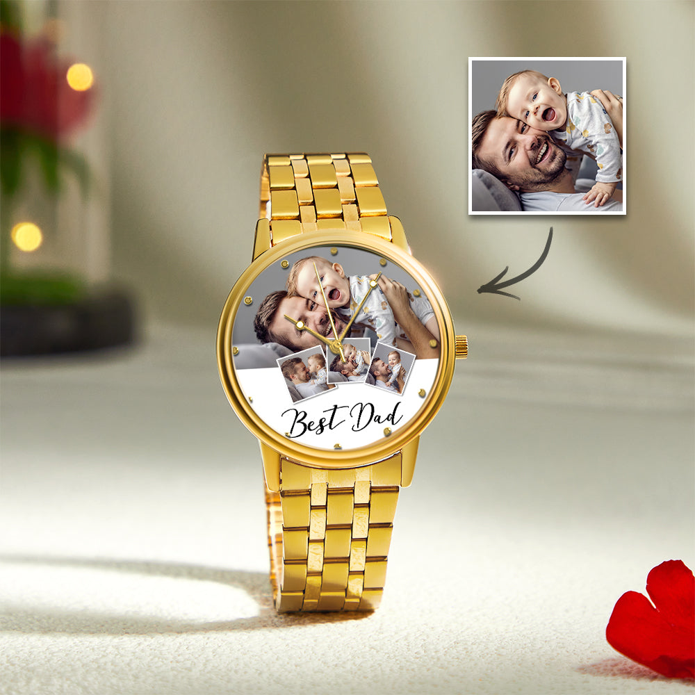 Personalized Engraved Photo Watch Men's Black Alloy Bracelet Photo Watch Father's Day Gifts For Dad