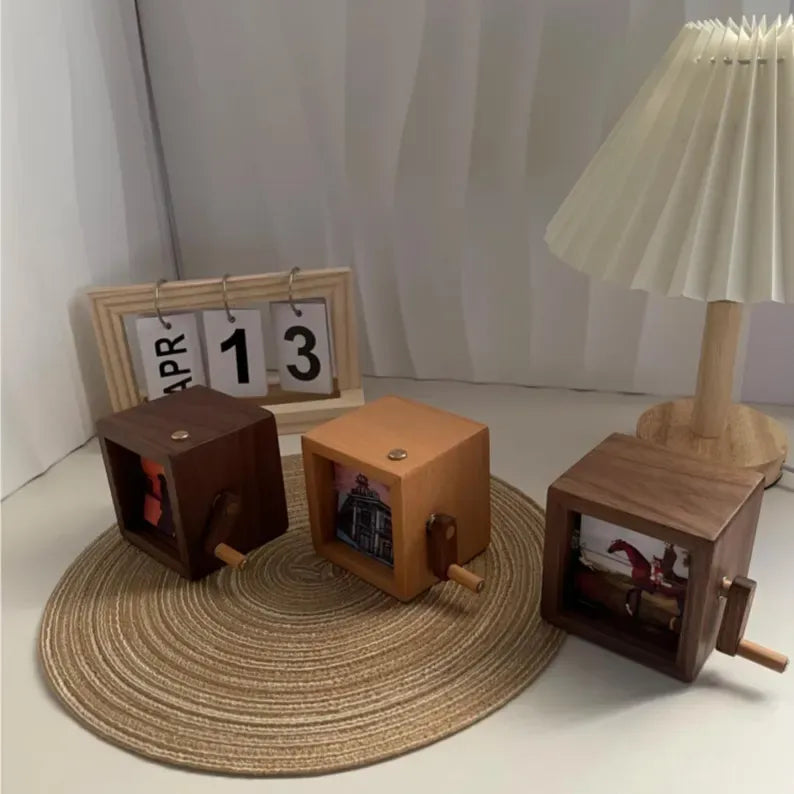 Custom Photo Flipbook Frame Animation Machine Mechanical Hand-cranked Photo Album with Light Black Walnut Baby Photo Cube Frame Creative Gift