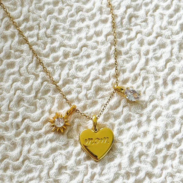 MOM Heart Dainty Gold Necklace Copper Gold Plated Zircon Necklace Mother's Day Gifts